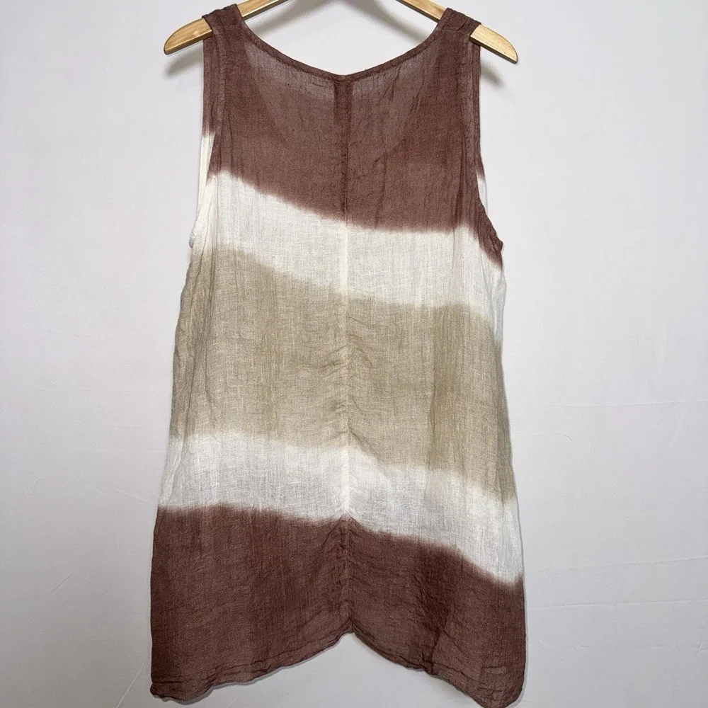 Camille & Co. Brown Beige White Striped Linen Sleeveless Swim Cover Women's‎ L